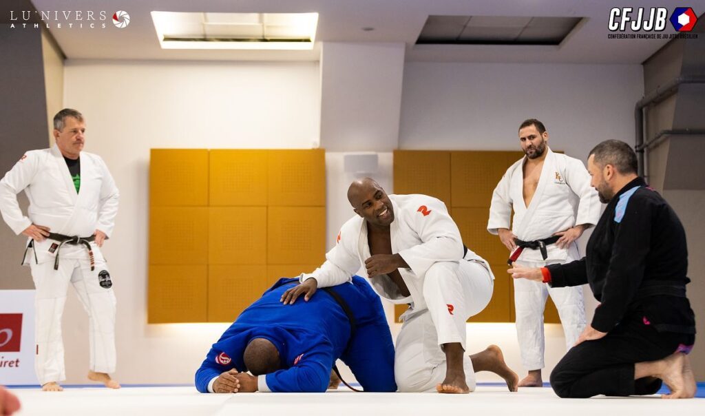 Teddy Riner treina JJB com David Giorsetti presidente da CFJJB